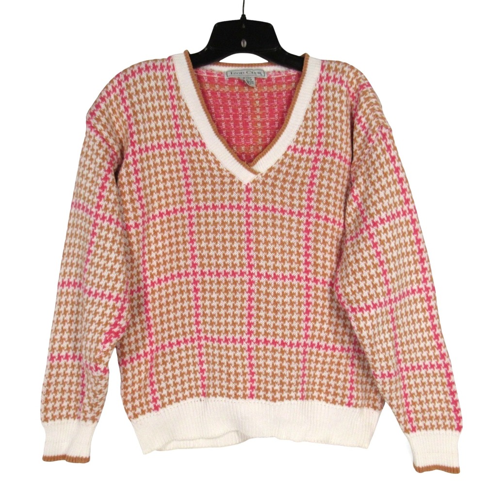 VTG IZOD CLUB Brown/Pink HOUNDSTOOTH Ribbed Trim V-NECK Women's KNIT SWEATER  M